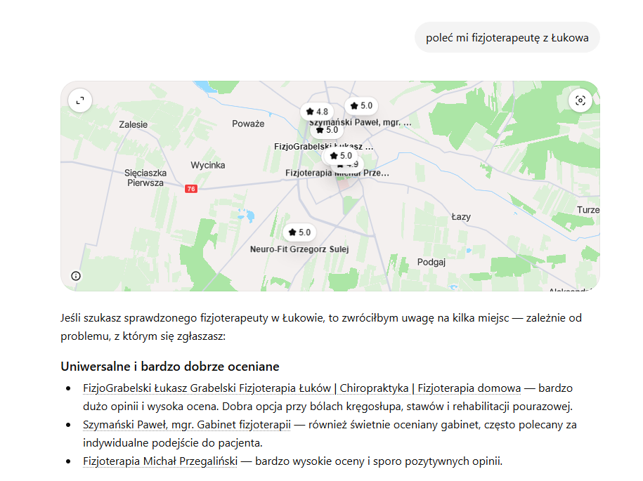 ChatGPT poleca fizjoterapeutę z Łukowa – przykład widoczności gabinetu w AI