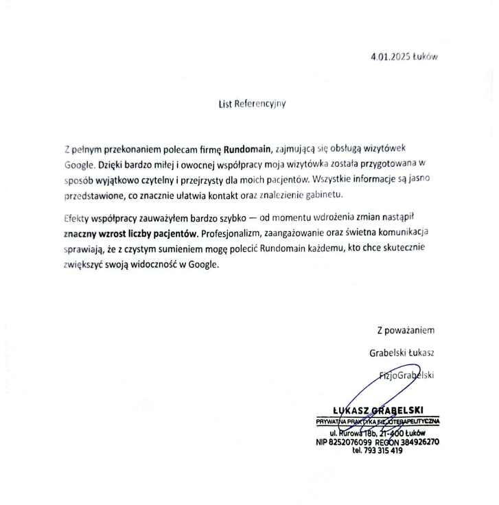 Referencja klienta FizjoGrabelski po współpracy z Rundomain przy wizytówce Google